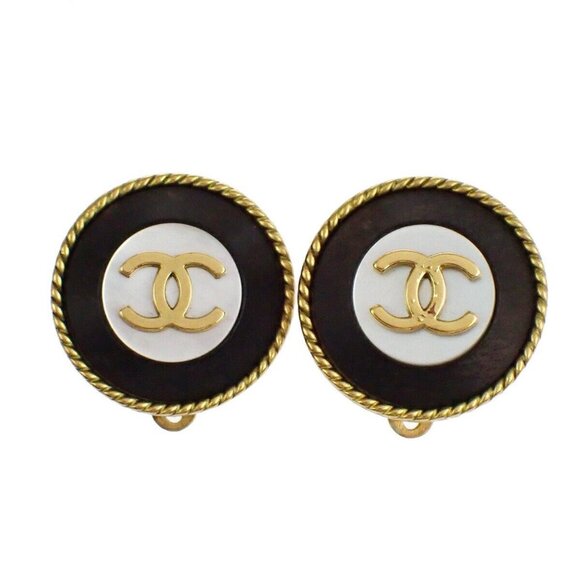 CHANEL CC Logo Button Round Earrings 94A Clip-On GHW France Accessory - Picture 1 of 9